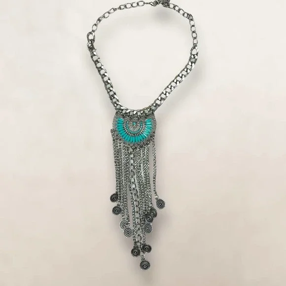 Southwestern Bohemian Bib Statement Necklace Faux Turquoise and Silver-Tone - Picture 6 of 10